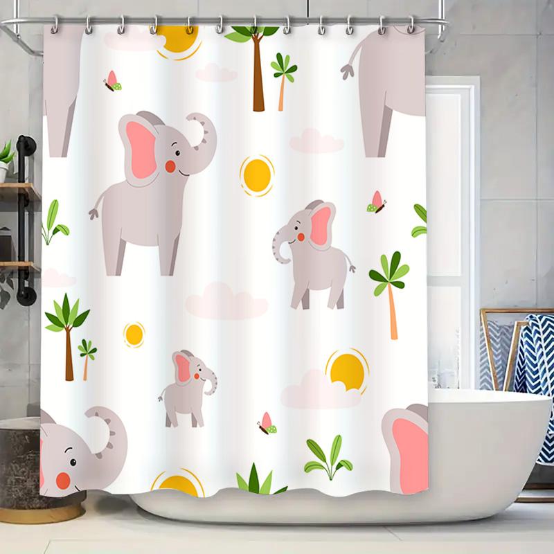 

Adorable Animal Print Shower Curtain For Kids Bathroom Decor Pink Elephants Trees On White Fabric Backdrop With Grommets For Eas W60H190(CM)-1 Pcs