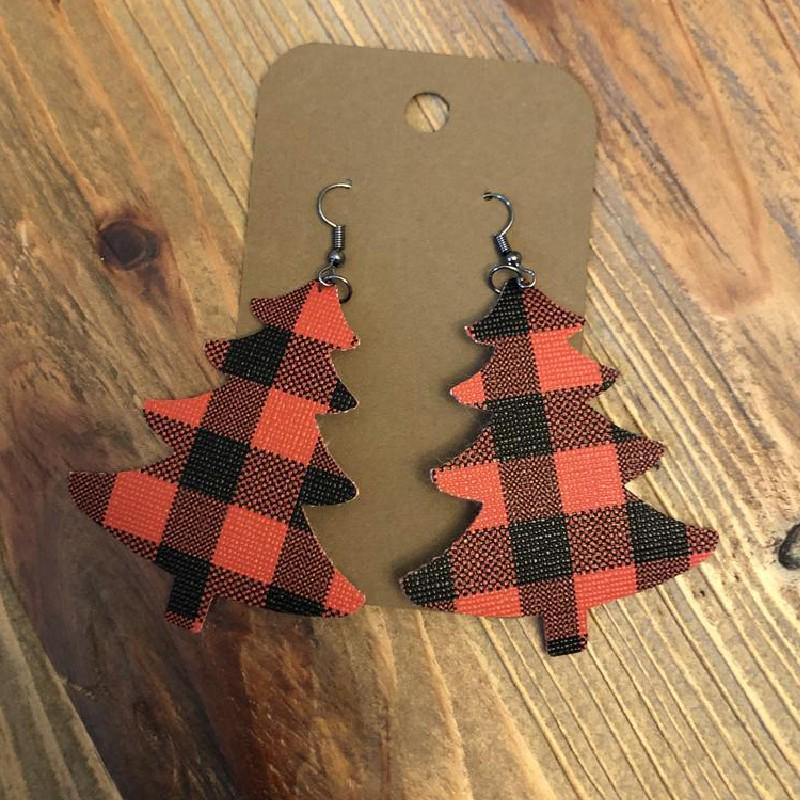 New Christmas Red & Black Plaid Leather Tree Earrings