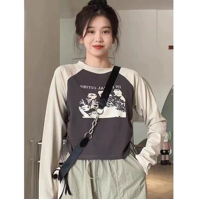 Vintage Classic Print Long Sleeve T-shirts Women Autumn Y2k Streetwear Crop Top Casual Harajuku Slim Tops