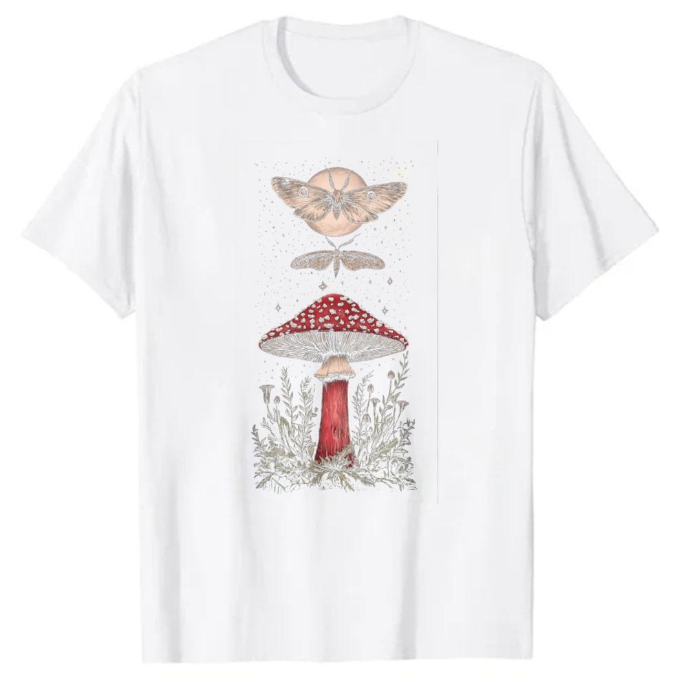 Cottagecore Goblincore Mushroom Moth Moon Red Cap White Spots Starry Botanical Black Crew Neck Short Sleeve Oversized Fit Shirt