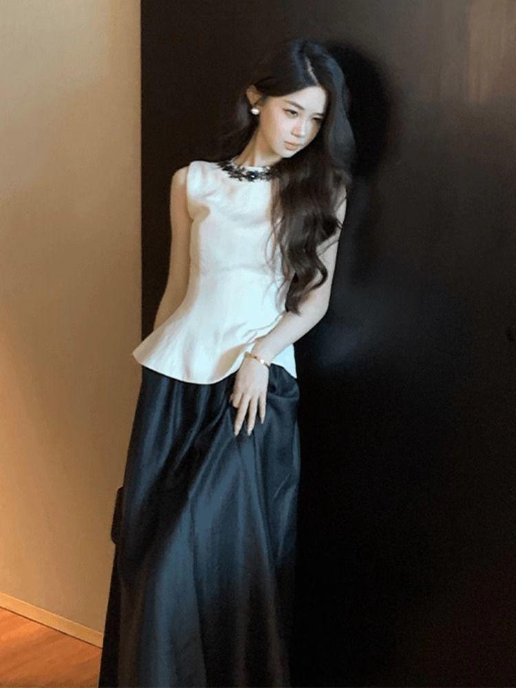Damen Ärmellose Sommer Weste mit Taillenschnürung und High-Waist Rock Set