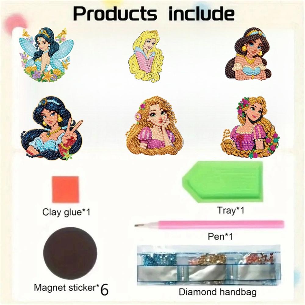 6Pcs Beautiful Princess Series Diamond Art Fridge Magnet Diamond Painting Refrigerator Magnet DIY Fridge Stickers for Fridge Whiteboards