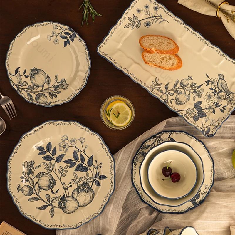 Plato de cerámica estilo palacio retro, ligero, de lujo, para postres, pasteles, pastas caseras, vajilla exquisita con flores.