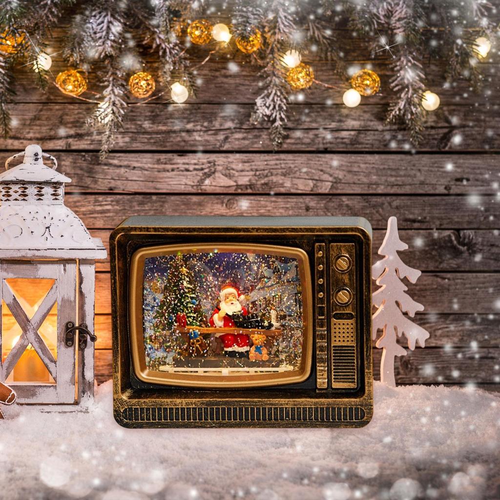 Christmas Santa Claus Music Box Television Shaped Artwork Gift with Light Decoration Ornament for Wedding Cafes Home Restaurants