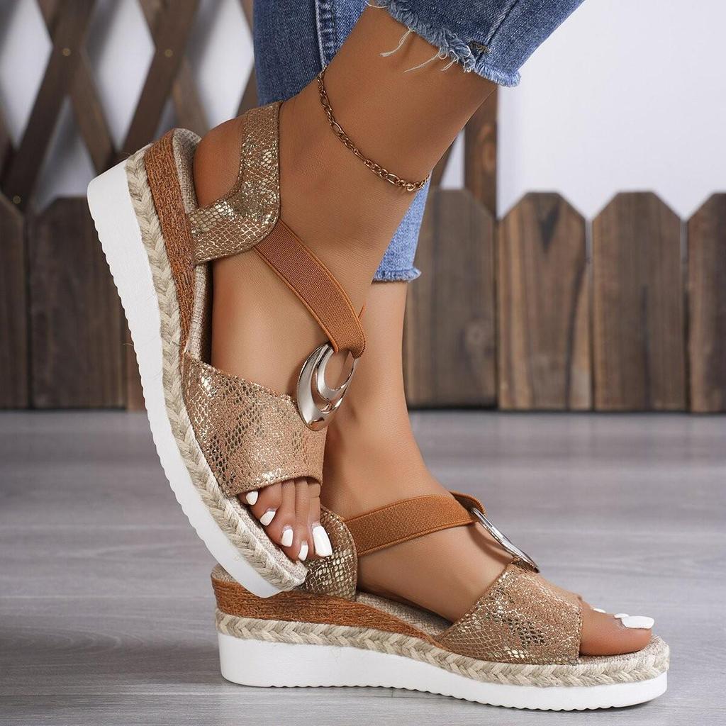 Plus Size Women's 2024 Spring/Summer Wedge Heel Sandals with Metal Buckle