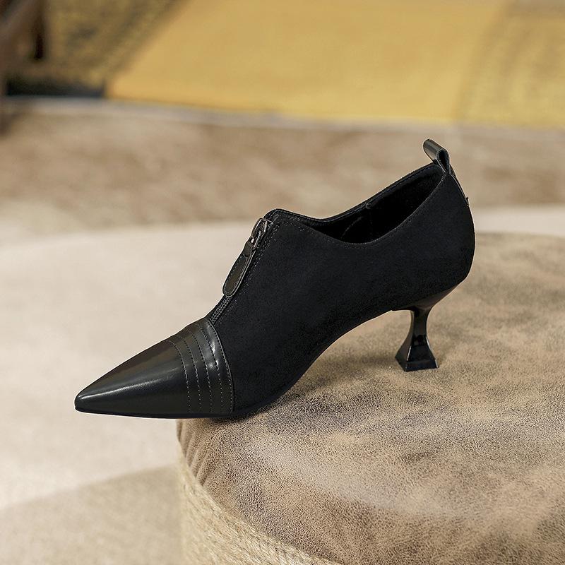

Женские туфли на высоком каблуке, тонкий каблук, новые осенне-зимние, на молнии, ретро, женская обувь, вставки, острый носок, глубокий вырез, одинарные туфли 35 чёрный