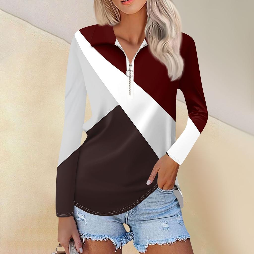 Women's Spring And  Fashion Casual  Printed Zipper V-Neck Long Sleeve Shirt Tops