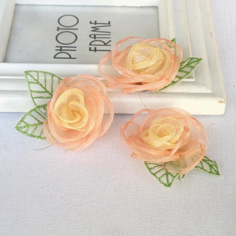 10 Stück 5,5 cm Organza Chiffon Stoff Kunstblume mit Blättern Hochzeitskleid Dekoration Wohnaccessoires DIY Kunstblumen
