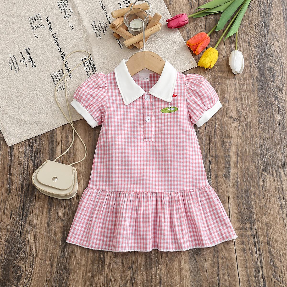 

Pink Plaid Ruffle Lapel Dress - Short Sleeve Summer Outfit for Infants & Toddlers 12-18 Months рожевий