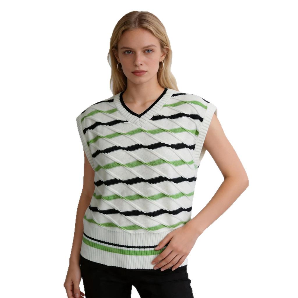 Ladies Preppy Style Knit Vest, V-Neck Diagonal Striped Green & Black Sleeveless Sweater for Fall