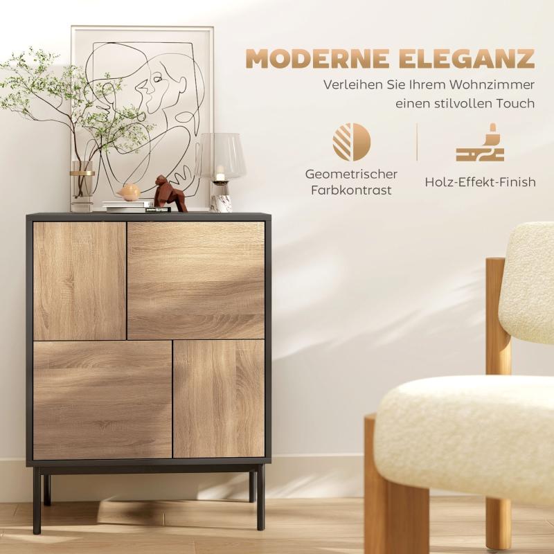 Sideboard with Push-to-open Doors. Dining Room Cabinet with Metal Legs. Kitchen Cabinet. MDF. Black + Natural Wood