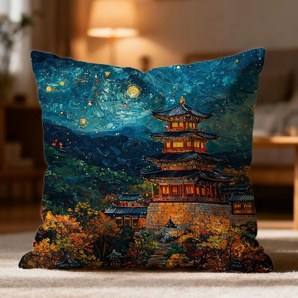 Popular F-FFoguo Temple Cushion Cover Soft Washable Pillow Case Multi-Scene for Couch Bed Travel Office Use