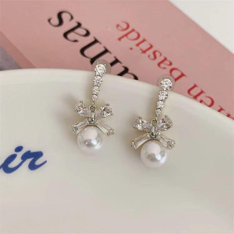 

S925 Zircon Bow Pearl Pendant Earrings Women S Light Luxury High-End Niche Temperament Sweet Versatile Stud Earrings