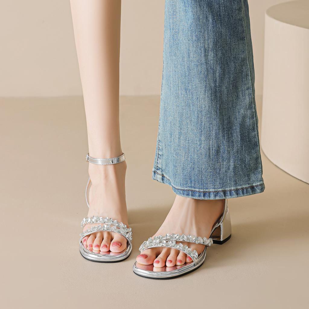 One word belt not tired feet rhinestone sandals women's summer beautiful silver high heels women's thick heel