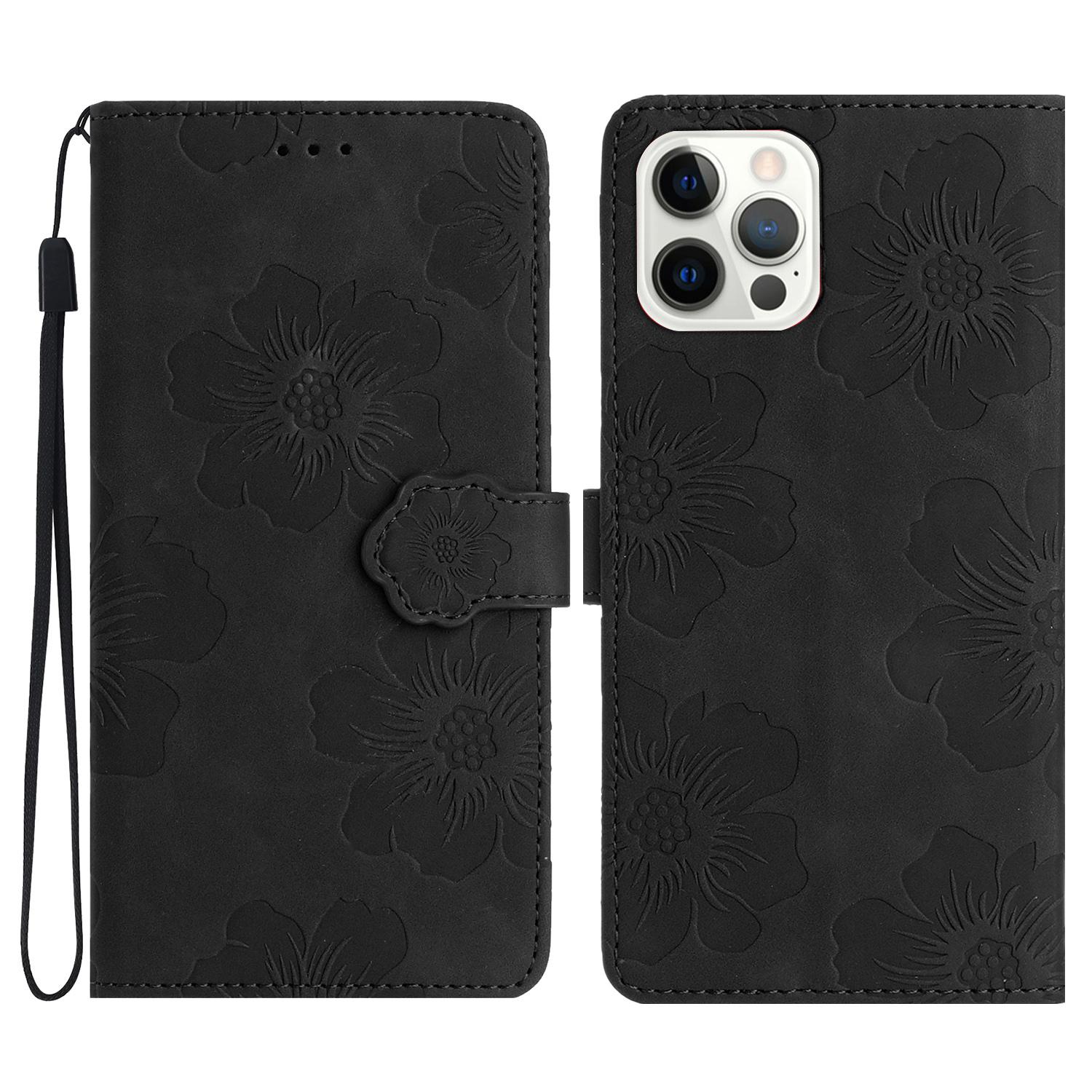 

For iPhone 16 Pro Max Case Blooming Floral Flip Leather Phone Cover Black