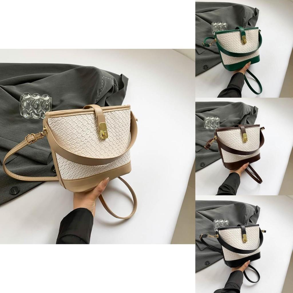 Stylish Minimalist Woven Pattern Bucket Bag For Women In Chic Black Green Brown And Khaki Colors