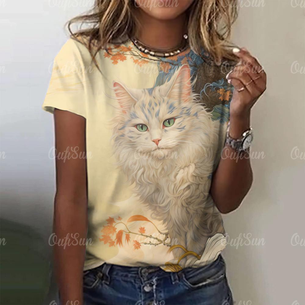 Top Women Fashion Woman Blouse 2024 3d Japanese Style Cat Print T-Shirts O-Neck Short Sleeve Tees Female Clothing Y2k T Shirts