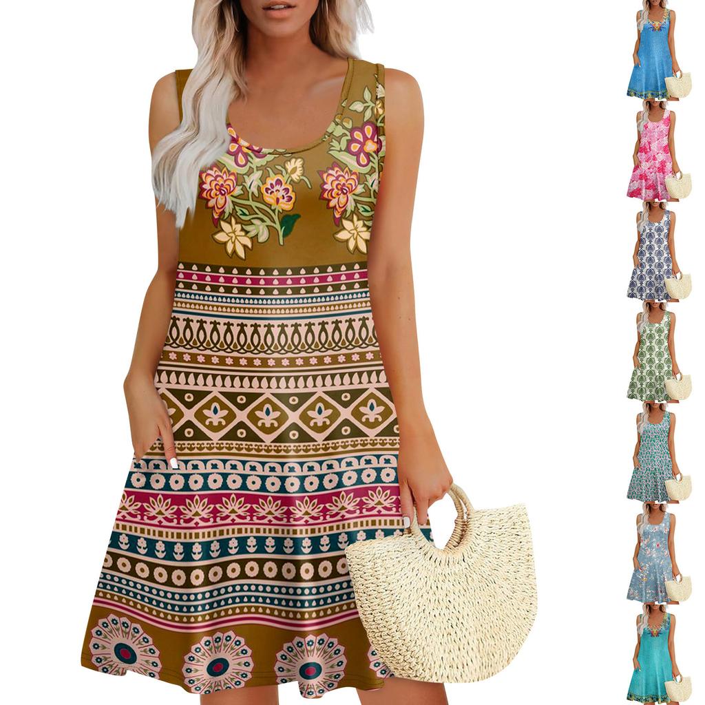 Dámské letní ležérní šaty s U výstřihem, kapsou na zavazování a oblíbeným květinovým potiskem