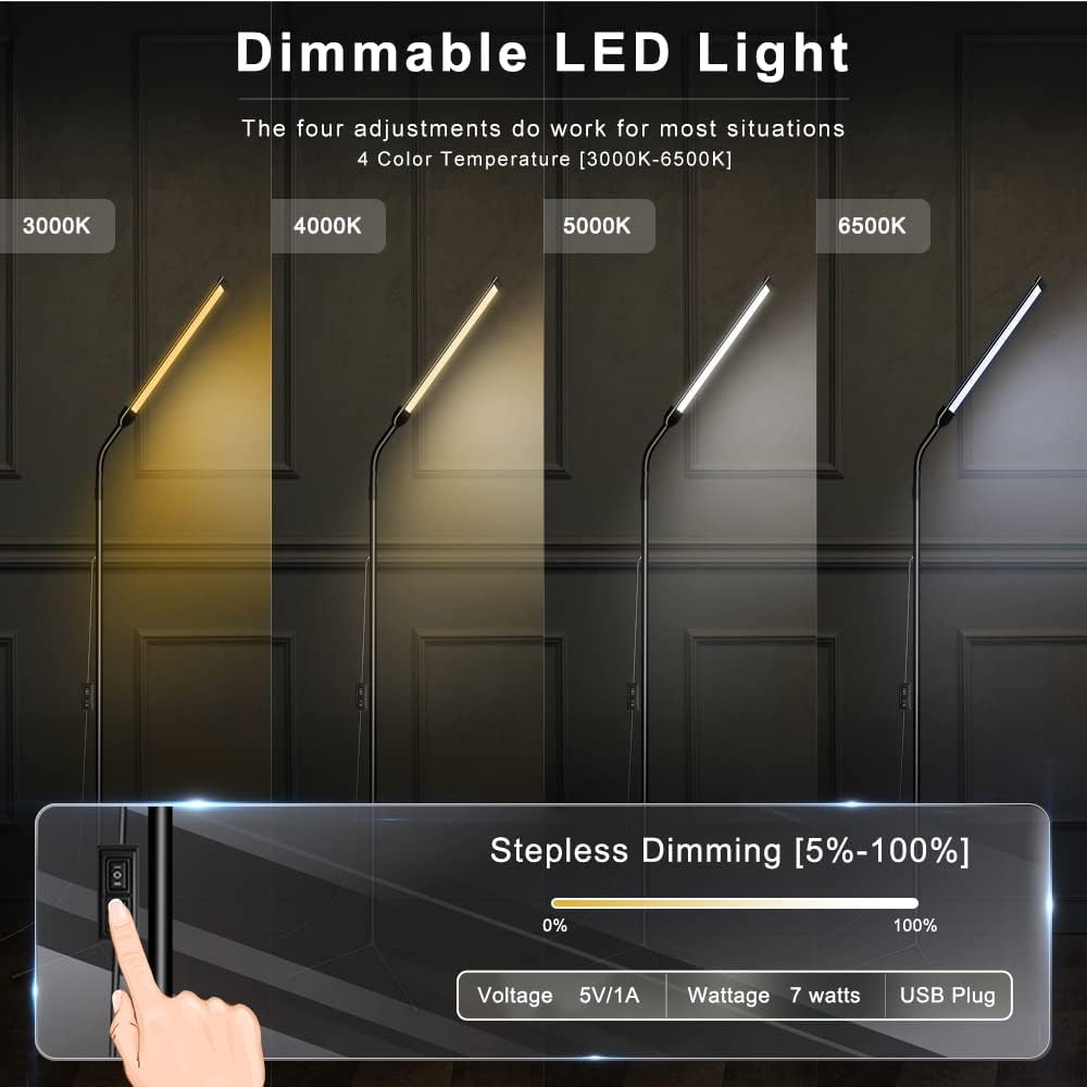 Home LED Desktop Lamp with Flexible Gooseneck 360° Rotate Adjustable Brightness Eye Protection Reading Floor Lamp for Study Room