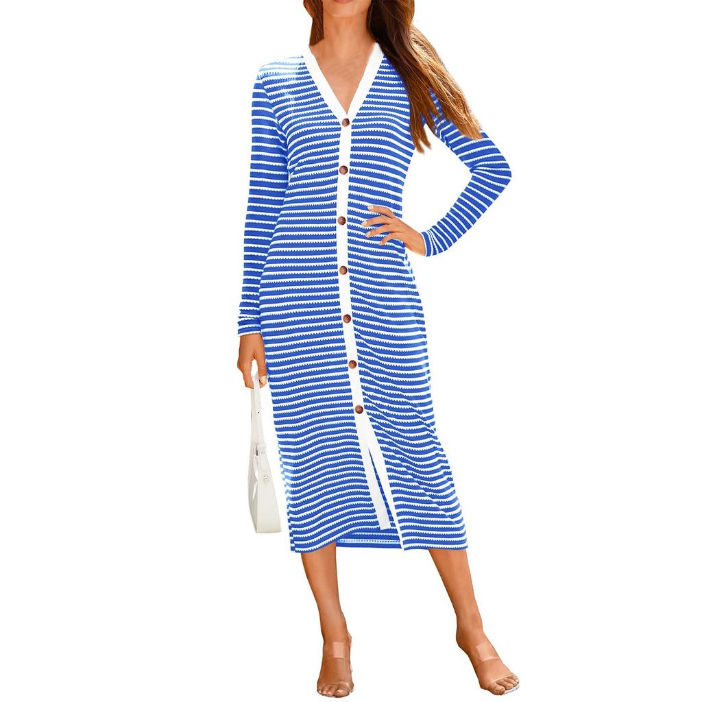 Damen Gestreiftes Langarmkleid