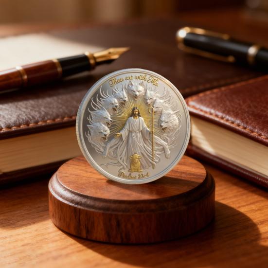 Thou Art with Me Faith Commemorative Coin Jesus The Good Shepherd Protecting Lamb from Wolves Pocket Token Psalm 23:4 Faith Challenge Coin Religious