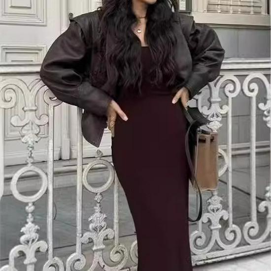 2024 Autumn/Winter Cross-border Fashion Lapel Tie Long Sleeve Leather Jacket