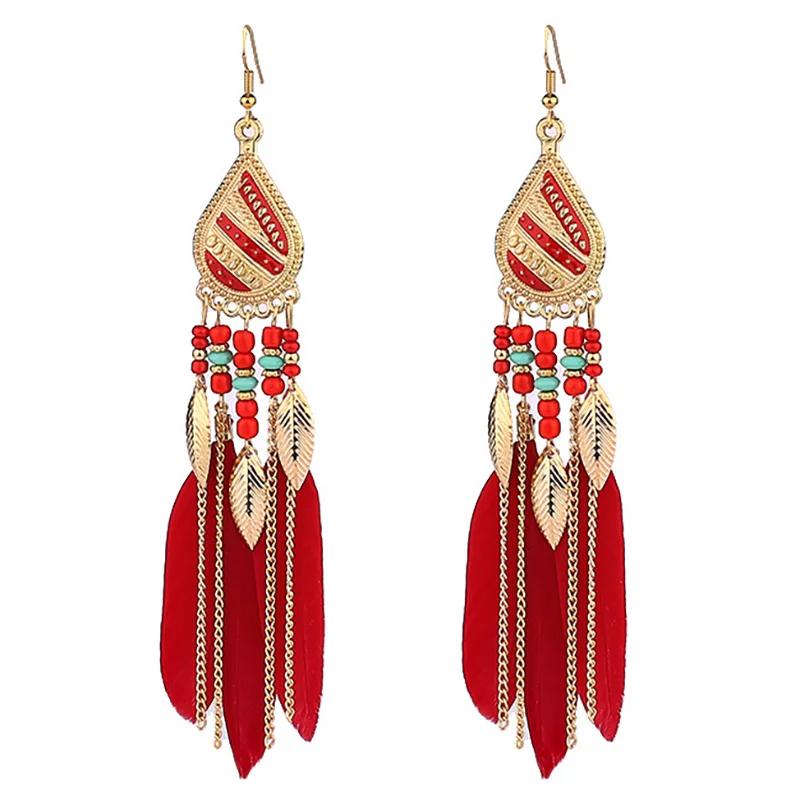 Bohemian Colorful Feather Tassel Earrings For Women Ethnic Beads Drop Statement Hanging Earrings Girls Jewelry Gift