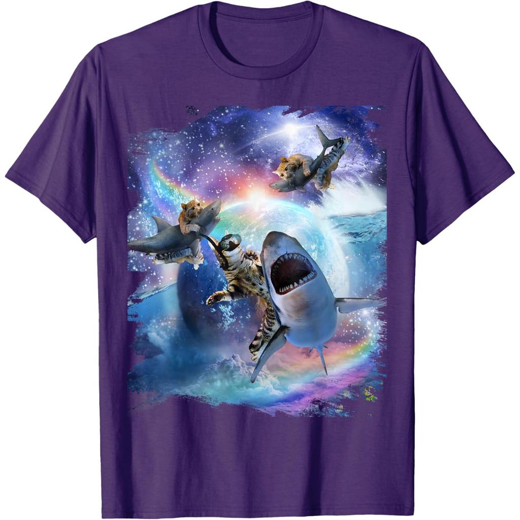 Galaxy Cat Riding Shark Space Graphic Print Mens Casual Cotton Tshirt