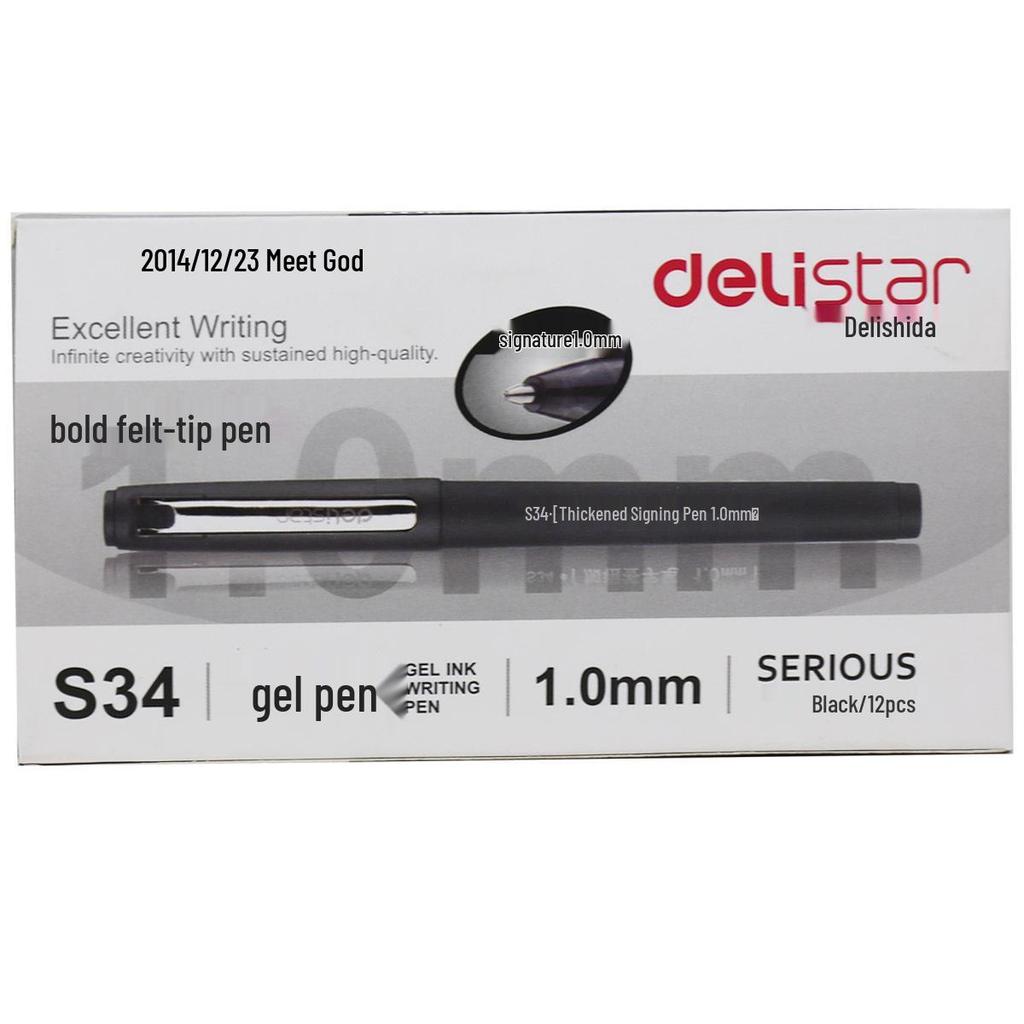 Deli S34 Gel Pen, 1.0mm Thick Bullet Tip, Black Signature Pen for Business & Practice