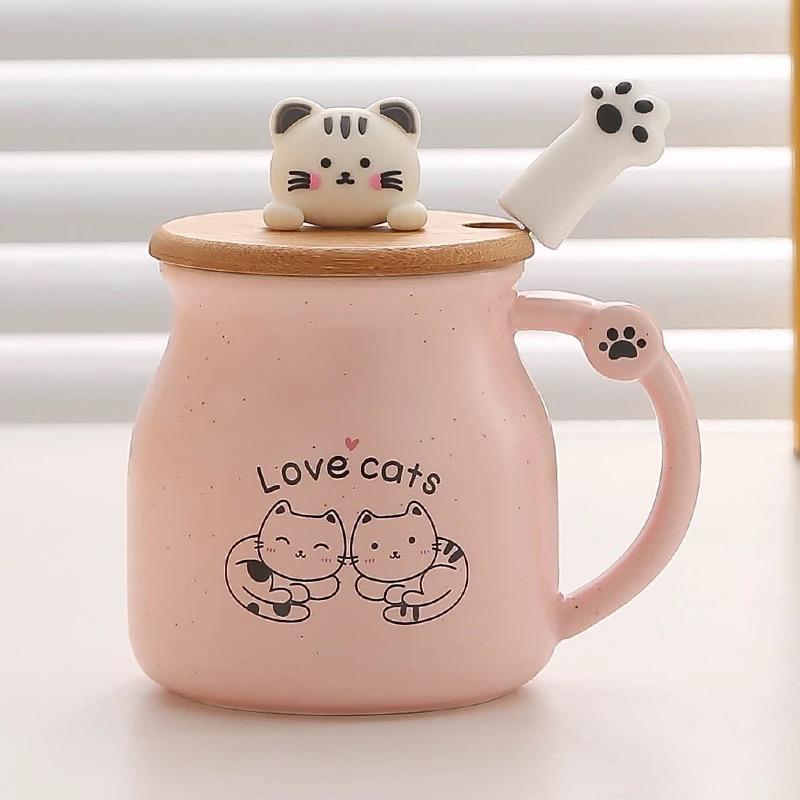 Cute Cartoon Cat Ceramic Mug with Lid and Spoon – Breakfast Coffee Cup
