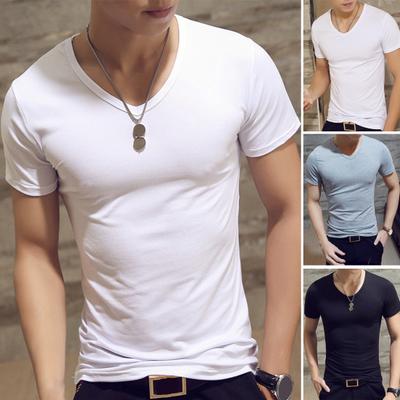 V-Neck Short Sleeve Thin Men T-shirt Summer Solid Color Slim Fit Tee Top Streetwear