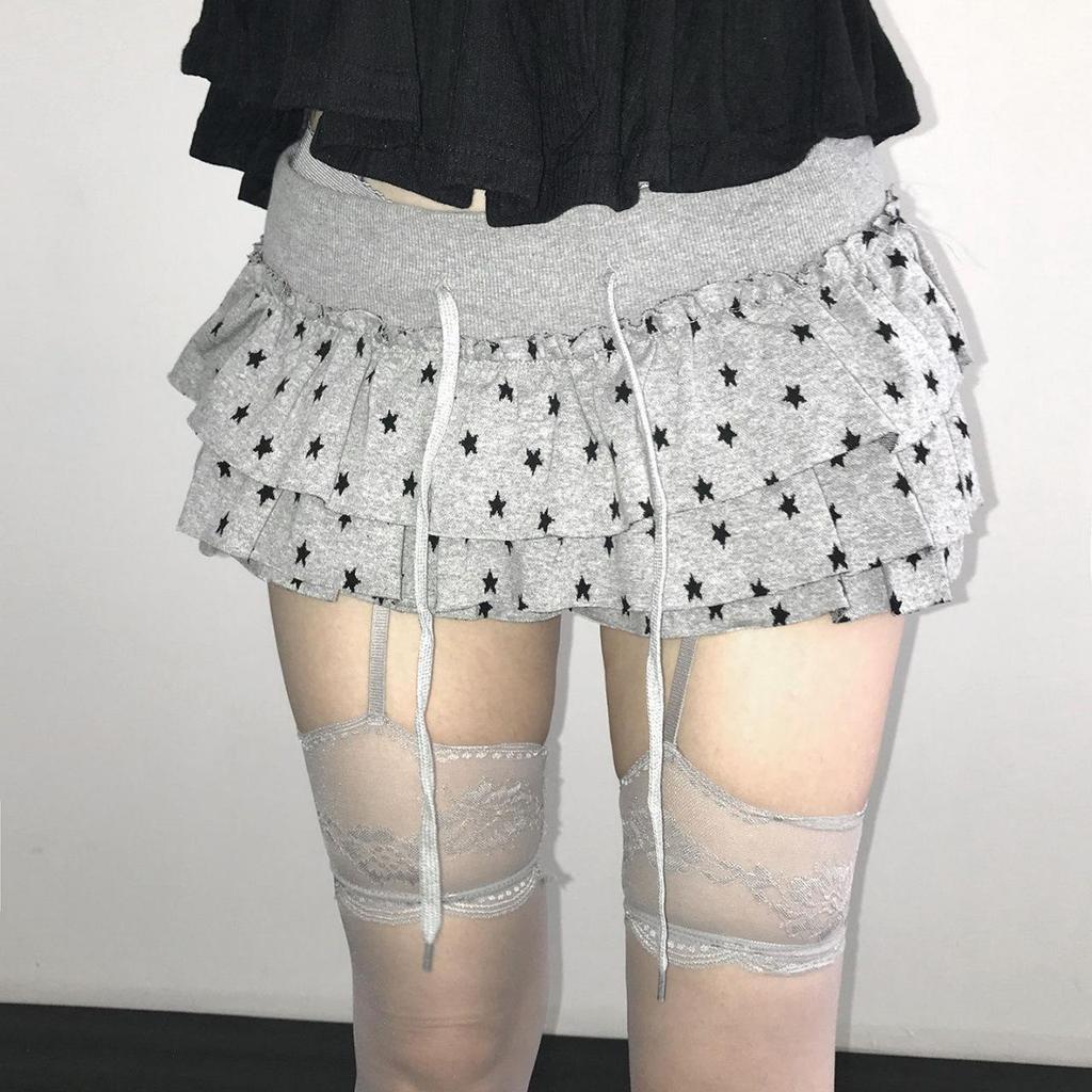 Star Print Ruffle Skirt: Elastic Waist, Layered, Sweet & Spicy Style, Spring/Autumn.