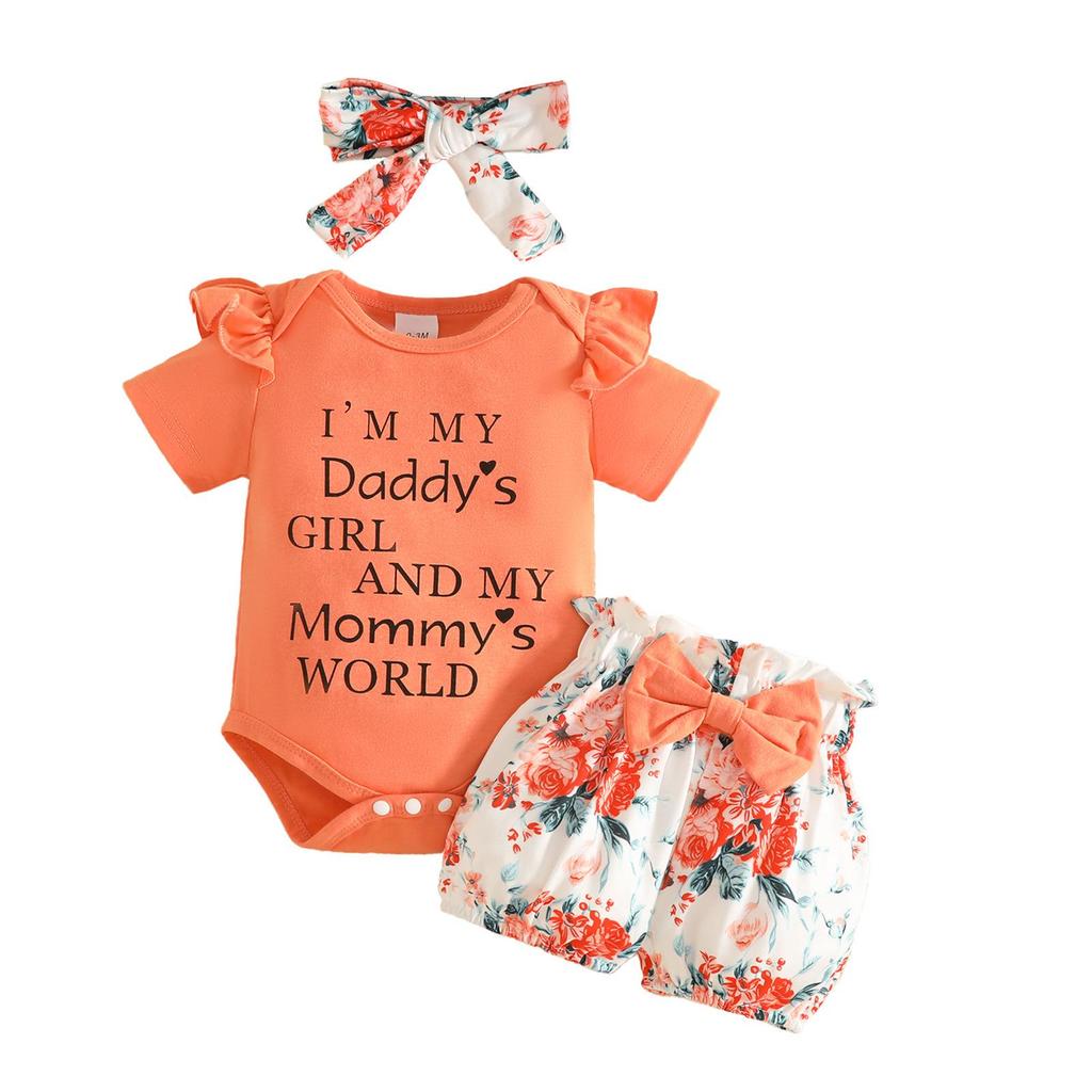 2026 Summer Baby Girl Letter Print Bodysuit, Bow Shorts & Headband Set