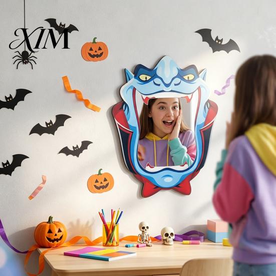 Hexen Ästhetik Wandkunst Halloween Dekoration Spiegel aus Holz, Kürbis Geist Fledermaus Hexe Cartoon Spiegel Dekoration, Lustig für Eingangsbereich Party, Festlich
