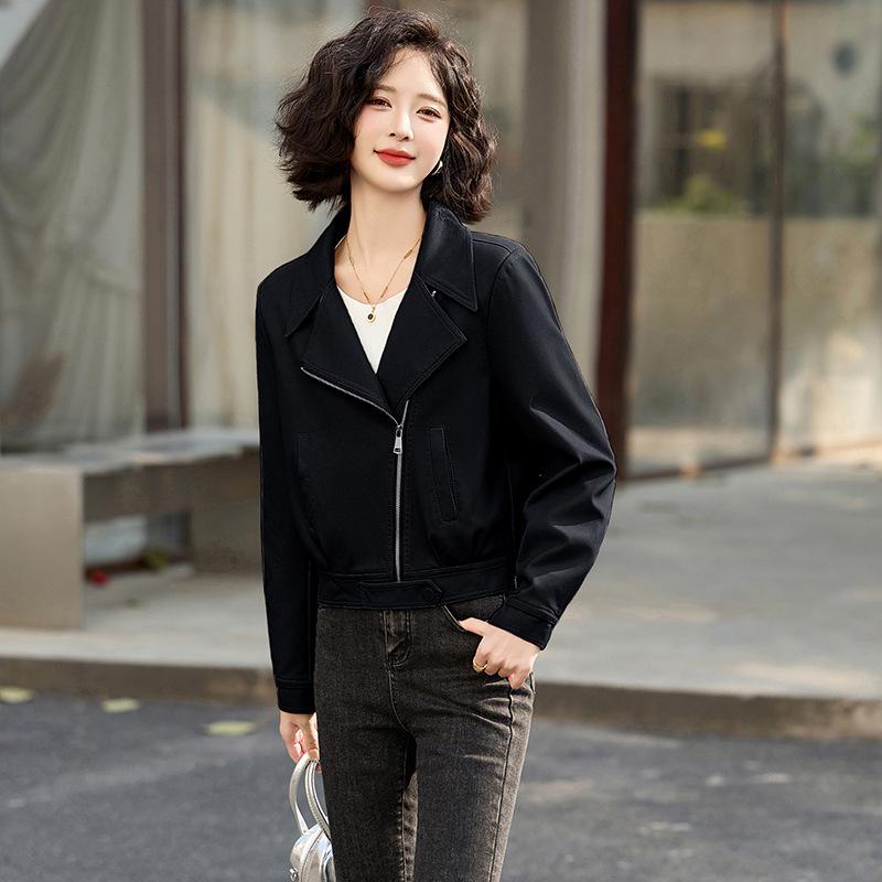 

Design textured leather jacket women s jacket spring and autumn new single-breasted lapel top locomotive jacket short leather jacket XL чорний