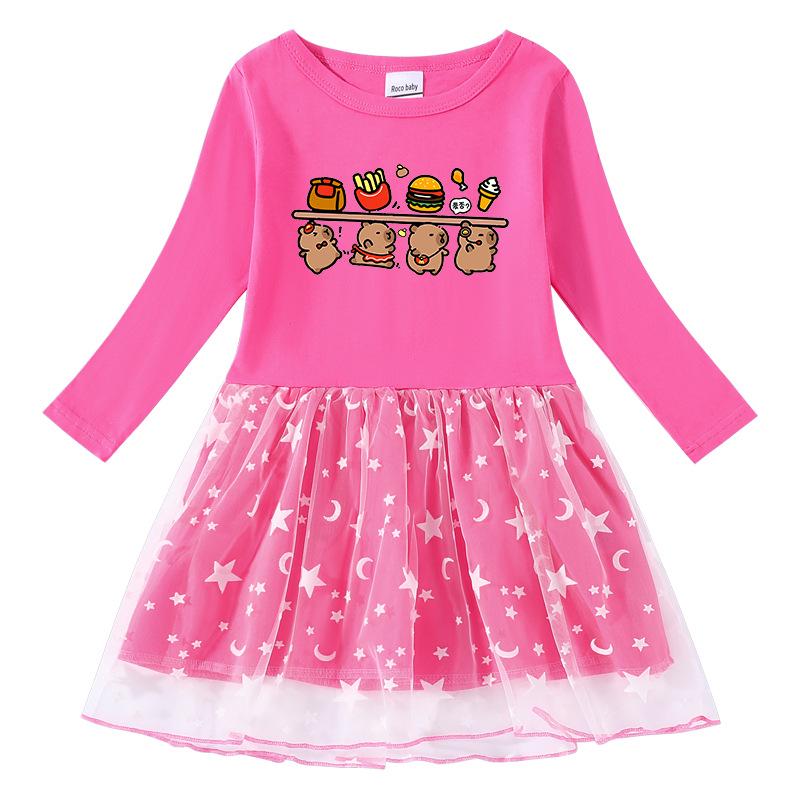 Korean Style Children's Princess Dress with Stars, Rainbow Sequins, Mesh Pleats, Short/Long Sleeves for Spring, Summer, Autumn