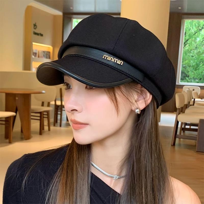 Black pu leather octagonal hat big head circumference beret autumn and winter painter hat female cap British hat leather hat