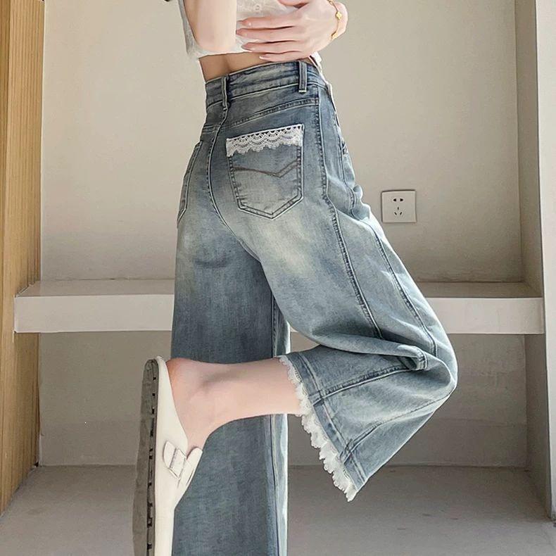 Women s Retro Lace Trim Wide-Leg Jeans 2026 Summer Collection XS синий