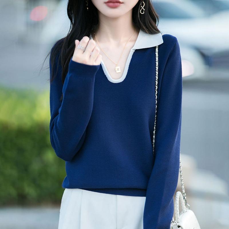 Autumn Winter Polo-neck Casual Fashion Patchwork Sweater Women Simple All-match Pullover Knitting Bottomed Top