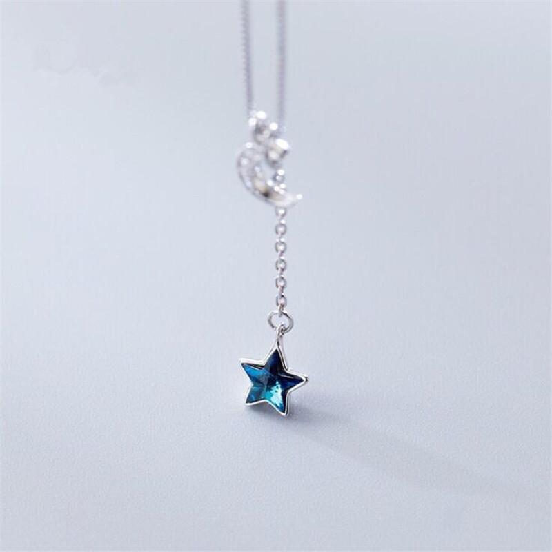 New Arrival Fresh Blue Crystal Star Temperament 925 Sterling Silver Jewelry Full Crystal Curved Moon Exquisite Necklaces XL245