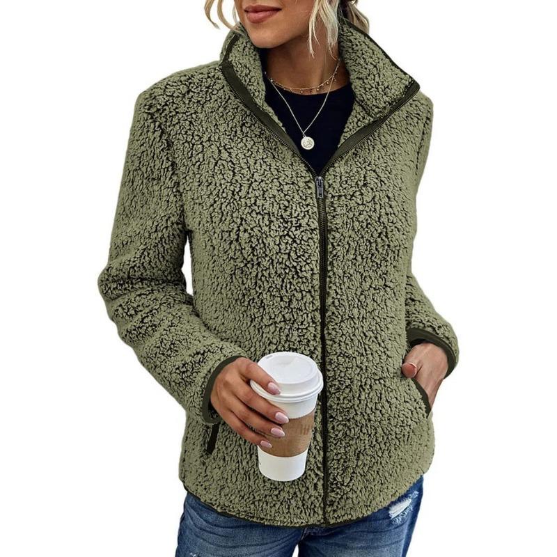 Women's Pink Fleece Zip-Up Jacket Stand Collar Casual Warm Outerwear