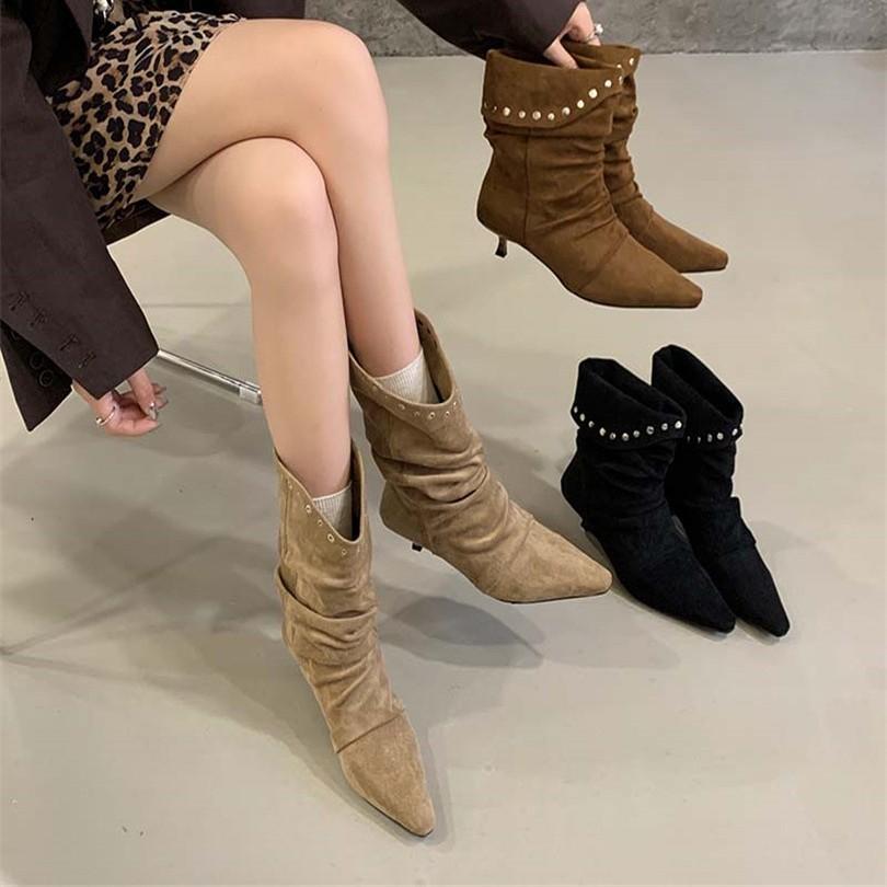 European and American fashion rivet pleated piled boots women's 2025 new suede small square head thin heel thin temperament short boots