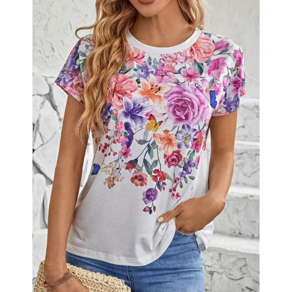 Tricou de Damă 2025 Street Fashion Floare Imprimat 3D Mânecă Scurtă Zilnic Versatil Casual Larg Gât Rotund Top Îmbrăcăminte de Damă