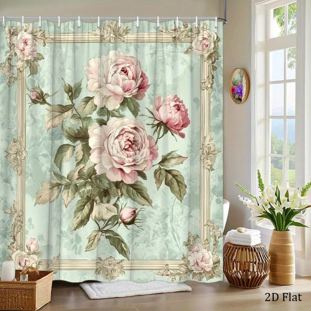 Decorative Botanical Floral Shower Curtain Peony Rose Print Waterproof Bathroom Liner Vintage Cottage Style Elegant Bathroom Dec