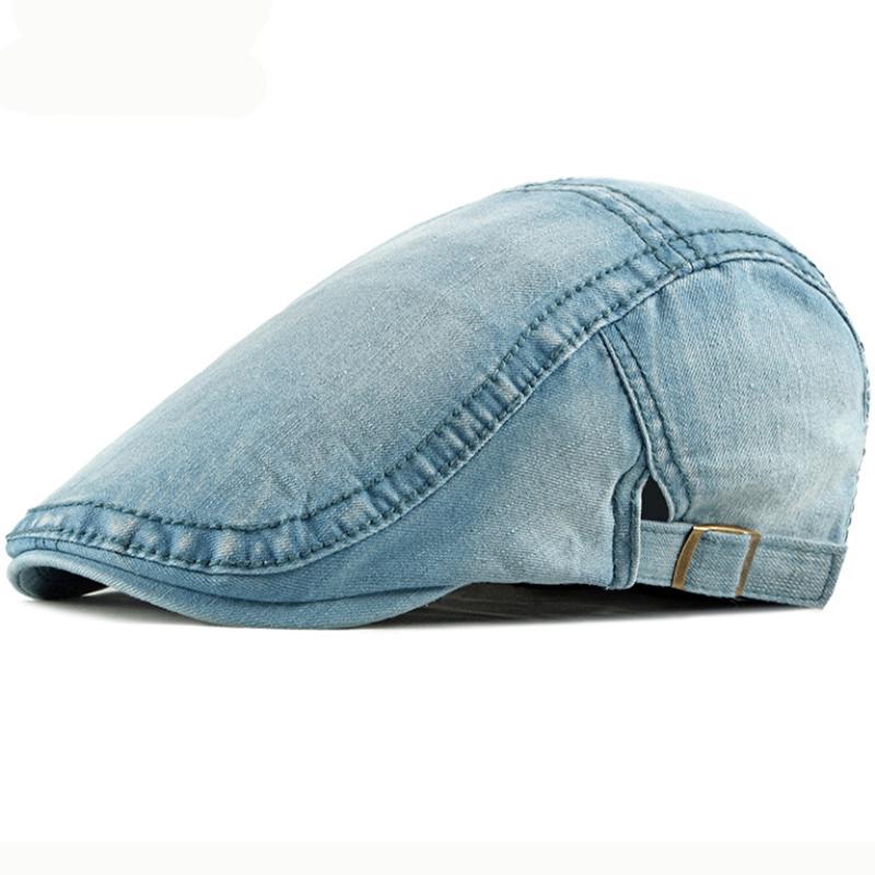 HT2411 Spring Summer Men Women Cap Sun Hat Denim   Flat Cap Adjustable Men Women Berets Artist Painter Beret Cap Men