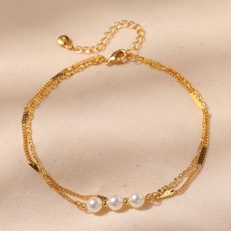 Double Layer Stacked 18k Gold Plated Pearl Anklet Women Minimalist Foot Jewelry