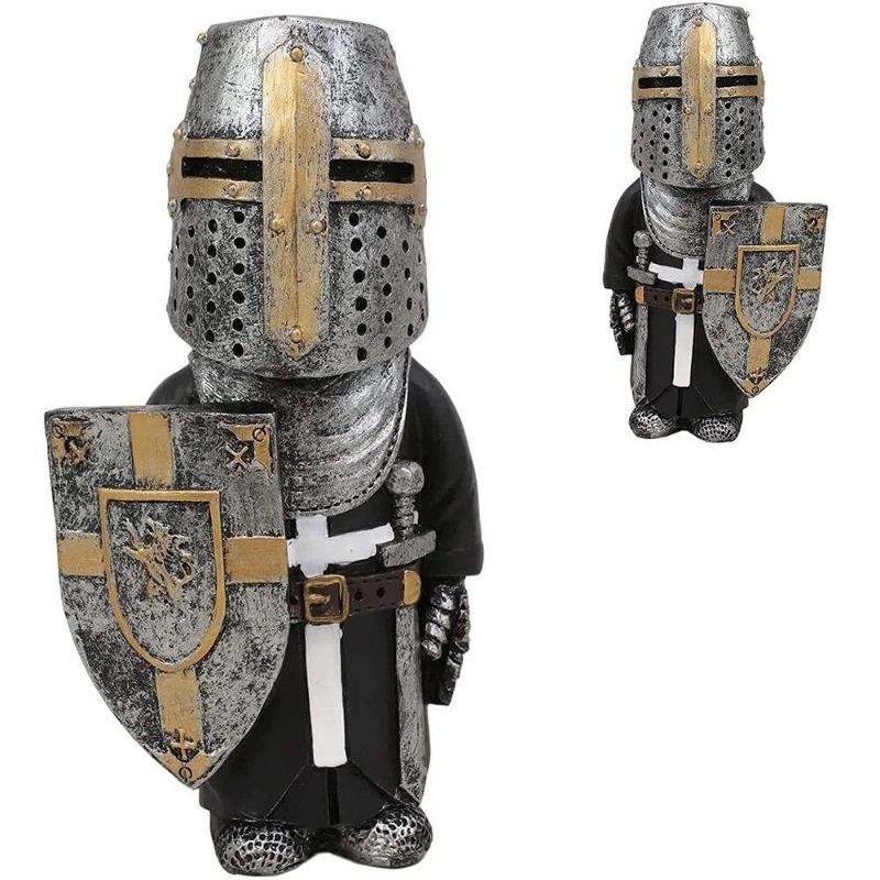 New Knight Gnomes Guard Sculpture Decor Medieval Knight of The Cross Templar Crusader Figurine Suit of Armor Home Resin Decor