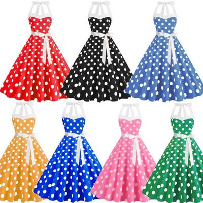 Retro puntikované šaty s halter krkem a rozšířenou sukní - Evropský a americký styl Hepburn s šněrováním na zádech, vhodné pro družičku nebo na vystoupení
