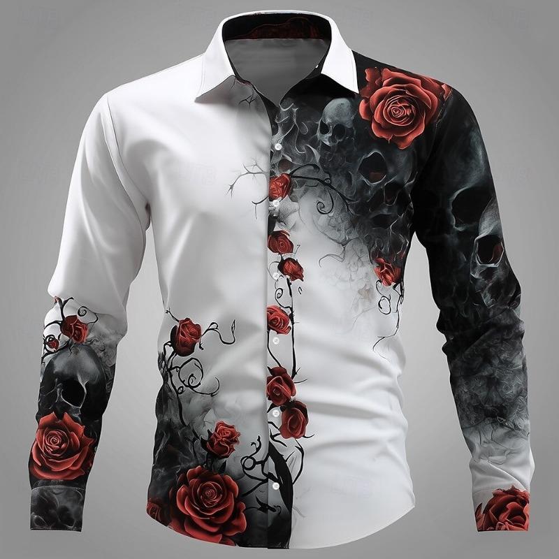Camicia Hawaiana Camicia Stampata Rosso Rosa Moda Uomo Camicia a Manica Lunga Camicia Bianca Abbigliamento Uomo