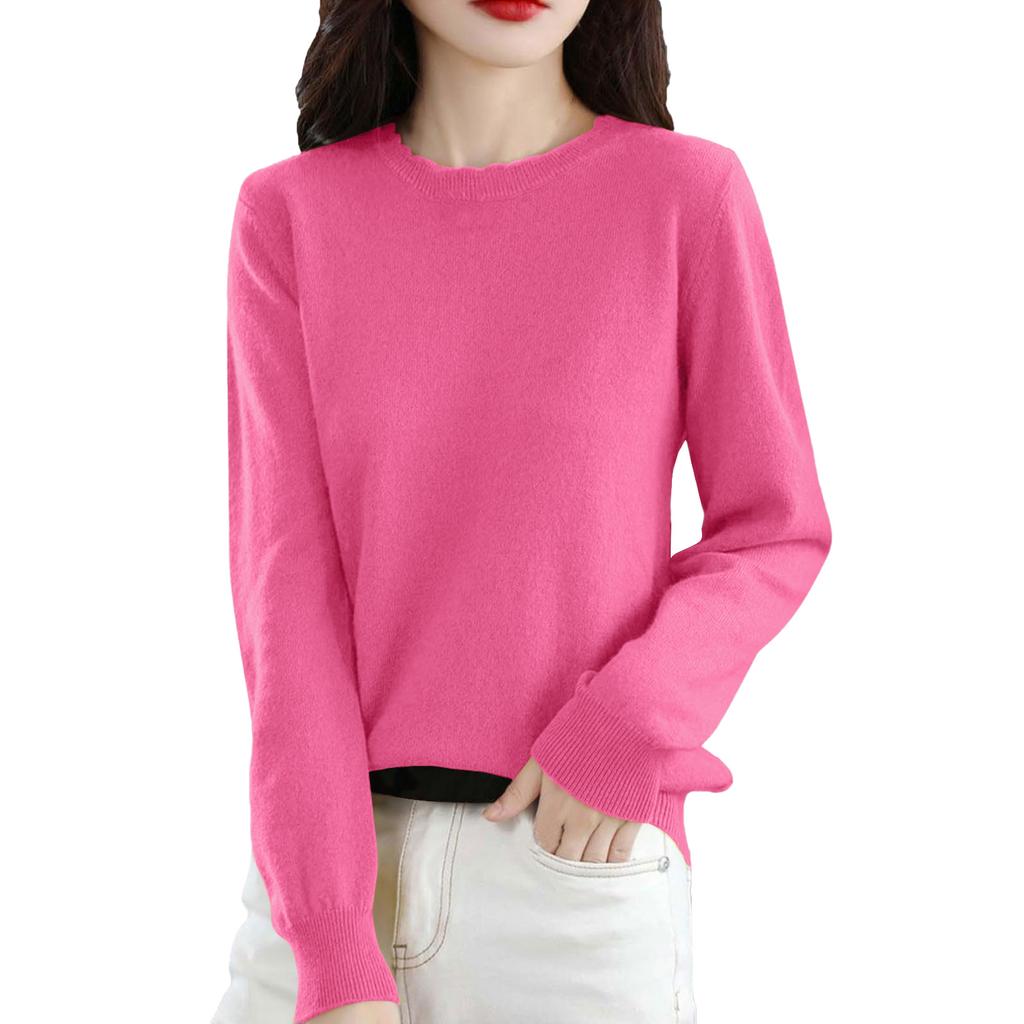 Women's Casual Lace Round Neck Base Layer Knitted Long Sleeve Solid Color Sweater